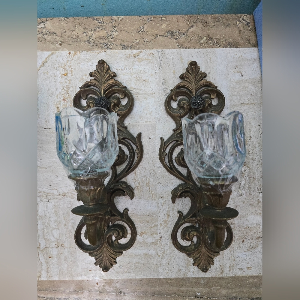 Vtg Burwood Wall Sconces 2 Ornate Gold/bronze Scroll Candle Holders w/votives